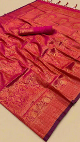 Pink and Gold Handloom Zari Weaving Kanchi Soft Silk Saree